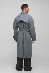 Tall Oversized Double Breasted Trench Overcoat In Stone