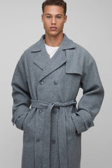 Tall Oversized Double Breasted Trench Overcoat In Stone