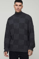 Tall Oversized Check Funnel Neck Knitted Jumper