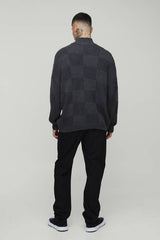 Tall Oversized Check Funnel Neck Knitted Jumper