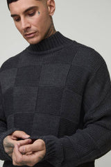 Tall Oversized Check Funnel Neck Knitted Jumper