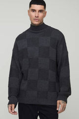 Tall Oversized Check Funnel Neck Knitted Jumper