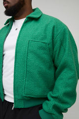 Plus Boxy Boucle Ruched Sleeve Bomber Jacket In Green