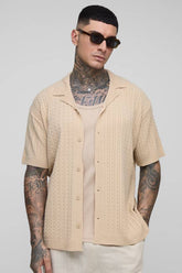 Tall Oversized Boxy Short Sleeve Revere Cable Knit Shirt