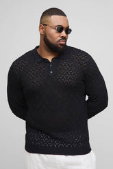 Plus Oversized Crochet Long Sleeve Polo Shirt