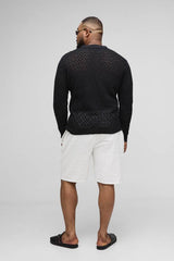 Plus Oversized Crochet Long Sleeve Polo Shirt