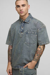 3/4 Sleeve Boxy Washed Rugby Denim Shirt