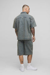 3/4 Sleeve Boxy Washed Rugby Denim Shirt
