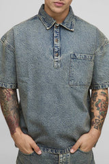 3/4 Sleeve Boxy Washed Rugby Denim Shirt