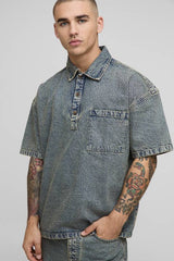 3/4 Sleeve Boxy Washed Rugby Denim Shirt
