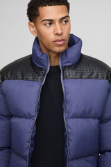 Regular Fit PU Yoke Nylon Panel Puffer Jacket