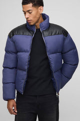 Regular Fit PU Yoke Nylon Panel Puffer Jacket
