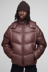 Regular Fit Sheen Panelled Hooded Funnel Puffer Jacket