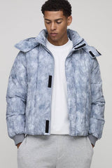 Oversized Fit Washed Nylon Hooded Funnel Neck Duvet Puffer Jacket