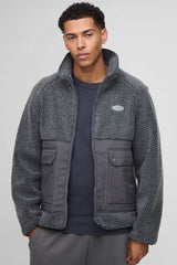 Regular Fit Two Tone Borg Nylon Mix Funnel Neck Zip Through Jacket