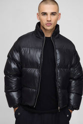 Boxy Fit High Shine Nylon Mix Funnel Neck Puffer Jacket