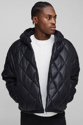 Oversized Boxy High Sheen Diamond Quilted Hooded Funnel Puffer Jacket