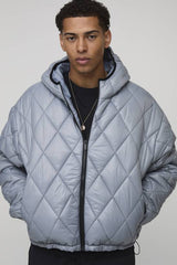 Oversized Boxy High Sheen Diamond Quilted Hooded Funnel Puffer Jacket