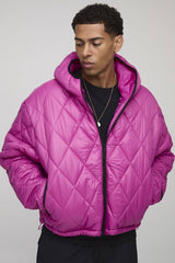 Oversized Boxy High Sheen Diamond Quilted Hooded Funnel Puffer Jacket