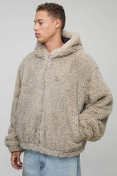 Tall Oversized Hooded Faux Fur Zip Through Jacket In Stone