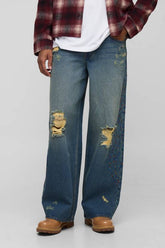 Baggy Fit Studded Tribal Washed Jeans