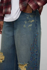 Baggy Fit Studded Tribal Washed Jeans