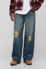 Baggy Fit Studded Tribal Washed Jeans