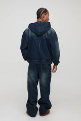 Oversized Boxy Star Applique Washed Denim Hoodie