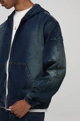 Oversized Boxy Star Applique Washed Denim Hoodie