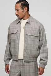 Checked Oversized Boxy Cargo Pocket Harrington Jacket