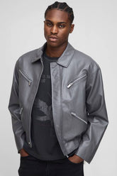 Boxy Fit Zip Detail PU Collared Bomber Jacket