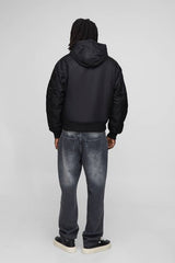 Oversized Boxy Curved Hem Hooded Nylon Bomber Jacket