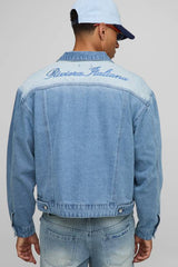 Boxy Fit Ice Blue Washed Embroidered Denim Jacket