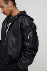 Oversized Textured PU Jersey Hooded Bomber Jacket