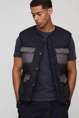 Regular Fit Collarless Quilted Ripstop Colour Block Gilet