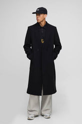 Oversized Longline Double Breasted Collarless Melton Overcoat