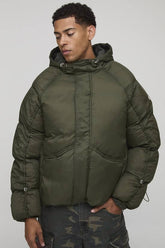Oversized Fit Ruched Sleeve Panelled Puffer Jacket