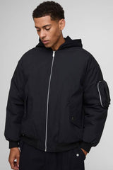 Oversized Fit PU Applique Nylon Hooded Bomber Jacket