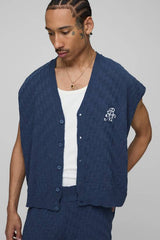BM Embroidered Regular Fit Crosshatch Knitted Button Up Vest