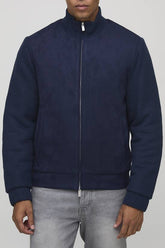 Regular Fit Textured Sleeve Faux Suede Funnel Neck Jacket
