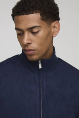 Regular Fit Textured Sleeve Faux Suede Funnel Neck Jacket