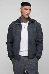 Tall Knitted Collar Zip Up Wool Look Bomber Jacket