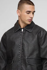 Oversized Washed PU Pocket Detail Collared Bomber Jacket