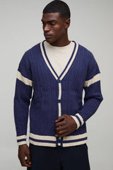 Oversized Drop Shoulder Boucle Cable Knitted Preppy Cardigan