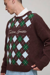 Boxy Embroidered Diamond Argyle Knitted Jumper