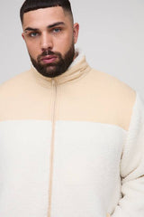 Plus Regular Fit Borg Zip Through Nylon Panel Funnel Neck Jacket