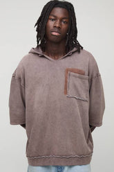 Coffee Oversized Stone Washed Raw Collar Pocket Hoodie