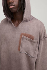 Coffee Oversized Stone Washed Raw Collar Pocket Hoodie