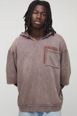 Coffee Oversized Stone Washed Raw Collar Pocket Hoodie