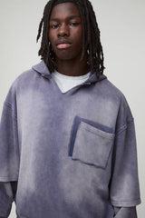 Navy Oversized Stone Washed Raw Collar Pocket Hoodie
